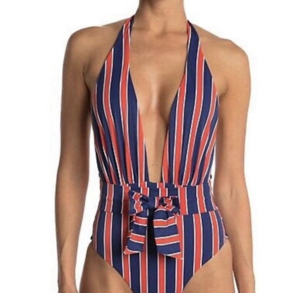 We Wore What x Onia Brooklyn One-Piece Swimsuit Red Blue Stripe M
